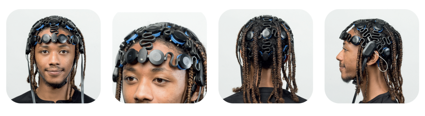 Four views of a man with braided hair wearing a Zeto EEG headset, showing electrode placement from the front, side, and back.